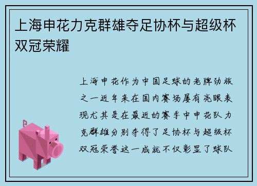 上海申花力克群雄夺足协杯与超级杯双冠荣耀
